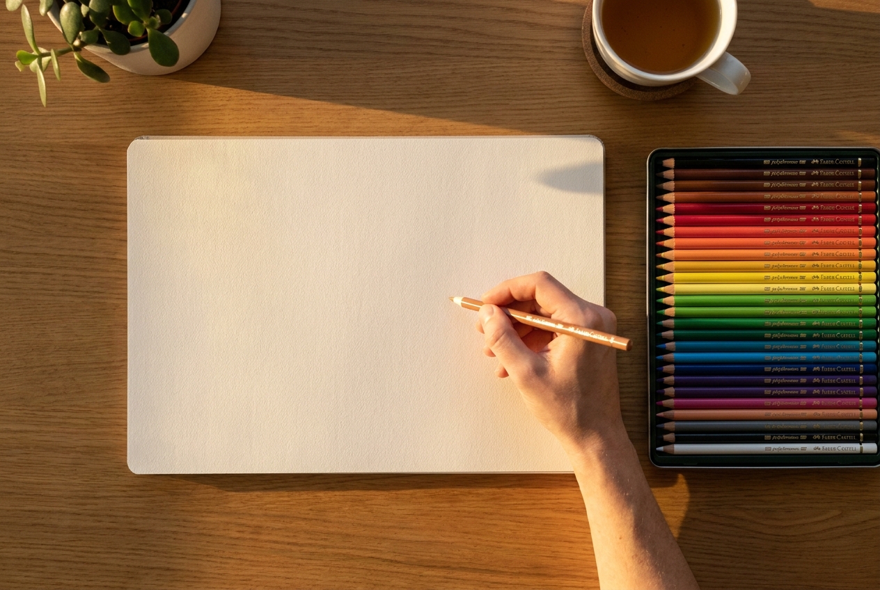 Top-down photograph of a blank drawing pad with colored pencils and an artist's hand holding a pencil, warm magic-hour lighting
