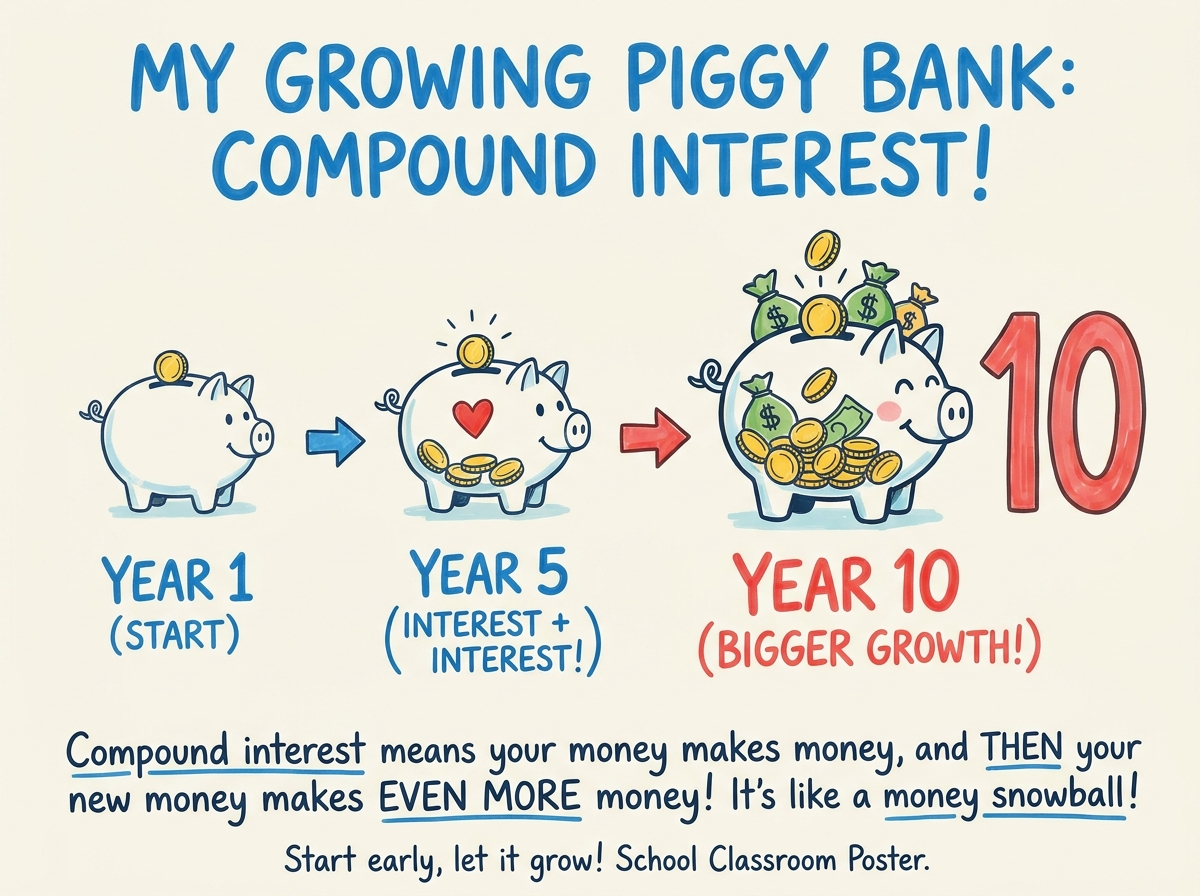 Generated hand-drawn infographic about compound interest with piggy banks growing over 10 years