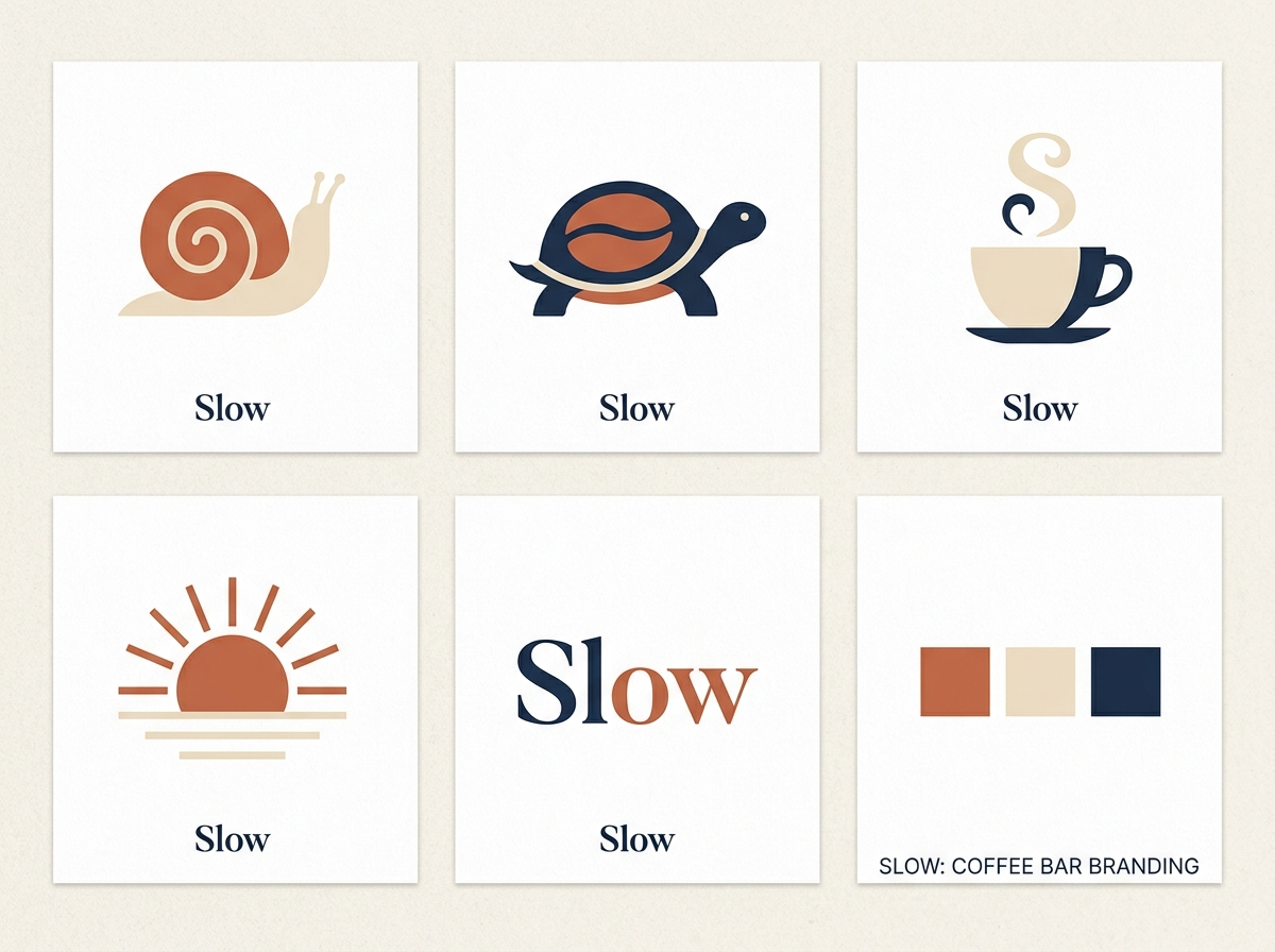 Generated mood board with five flat-design logo concepts for a coffee bar called Slow