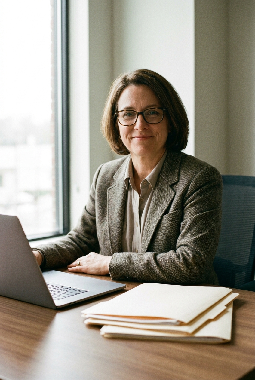 Generated editorial-style portrait of a friendly accountant in her late 40s in a sunlit office
