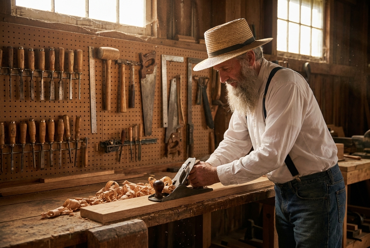 Amish craftsman planing a wooden board with hand tools in a sunlit barn workshop