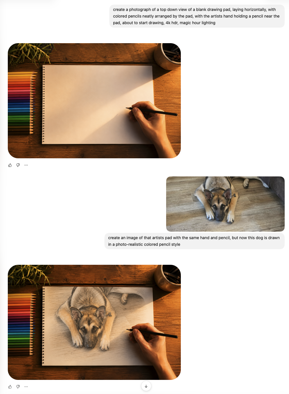 Three-step ChatGPT image generation: blank pad, dog being sketched, finished drawing